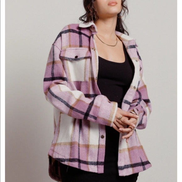 CHIBI PINK PLAID FLANNEL POCKET BUTTON UP SHACKET - Picture 1 of 5